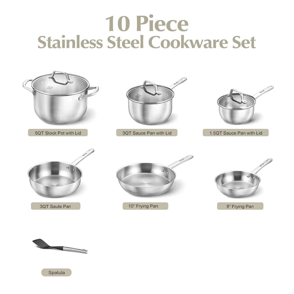 10 Piece 18/10 Stainless Steel Pots & Pans Set with Glass Lids – Saucepans, Casserole & Frying Pans – Ideal for Induction, Oven & Everyday Family Cooking