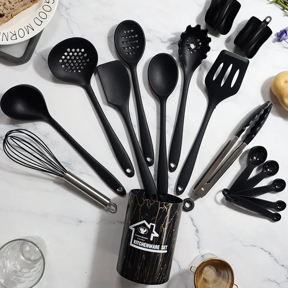 10/18-Piece Silicone Kitchen Utensils Set – Heat-Resistant Spatulas, Spoons, Turners, Brush, Whisk, and More Safe for Non-Stick Cookware & Daily Cooking – Available in Black & White