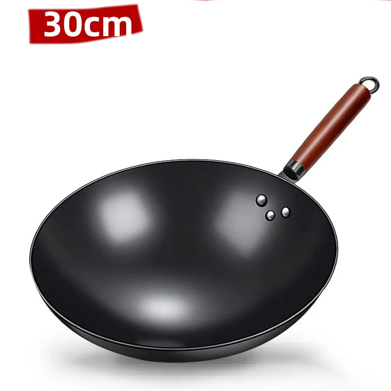 Iron Wok with Wooden Handle – Traditional Hand-Forged Deep Round Bottom Stir-Fry Wok – Great for Stir-Frying & Deep Frying on Gas Hobs – Available in 30cm & 32cm