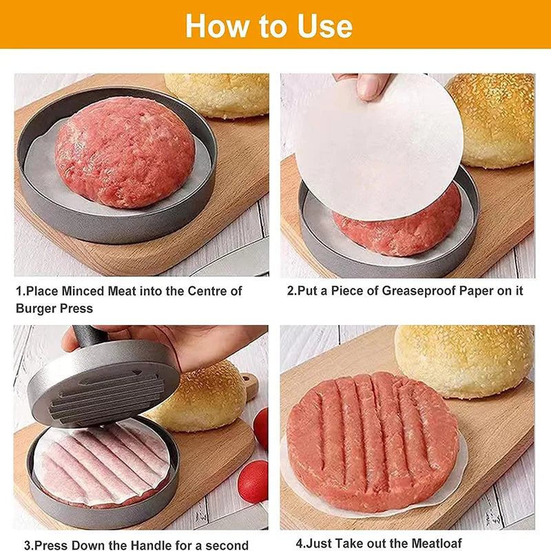 Non-Stick Burger Press with Wax Papers – Aluminium Round Patty Maker with Removable Handle – Ideal for BBQ Burgers & Meat Pies – Available in Black & Red Colours