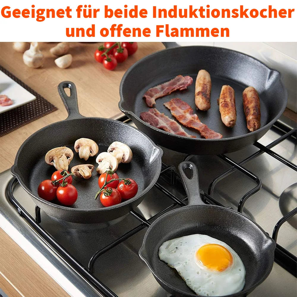 Uncoated Cast Iron Frying Pan Set of 3 – 16cm, 20cm & 26cm Skillets with Double Pour Spouts – Perfect for Frying, Stir-Frying & Omelettes