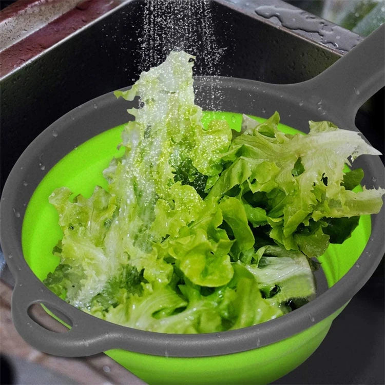Collapsible Silicone Colander with Handle – Folding Strainer for Pasta, Vegetables & Fruit – Ideal for Small Kitchens, Caravans & Camping – Available in Green, Orange, Blue & Red Colours