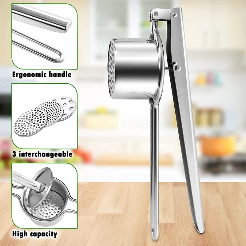Stainless Steel Potato Ricer with 3 Interchangeable Discs