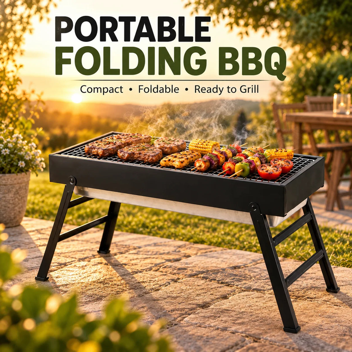 Portable Folding Charcoal BBQ Grill – Compact Stainless Steel Camping Barbecue – Perfect for Picnics, Garden & Travel (60 x 22.5 x 32cm)