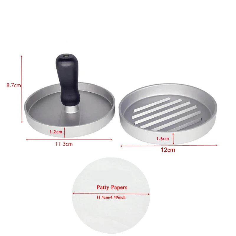 Non-Stick Burger Press with Wax Papers – Aluminium Round Patty Maker with Removable Handle – Ideal for BBQ Burgers & Meat Pies – Available in Black & Red Colours