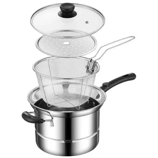 4 Piece Stainless Steel Chip Pan Set – Deep Fat Fryer Pot with Frying Basket, Steamer Rack & Lid – Perfect for Chips, Noodles & Soup