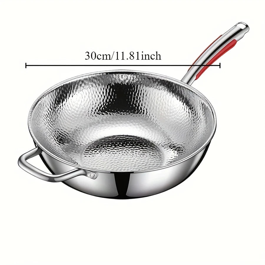Stainless Steel Hammer-Patterned Wok with Glass Lid – Features Titanium Round-Bottom with Long Hook Handle & Side Helper Handle – Uncoated Tri-Layer Construction for Even Heat Distribution