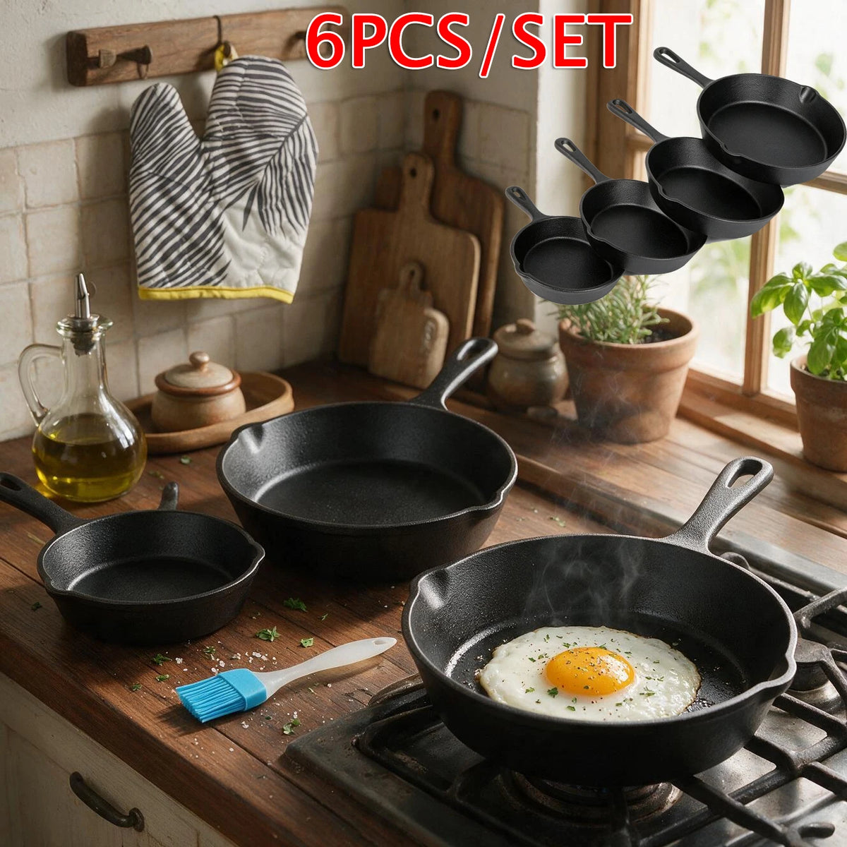 Pre-Seasoned Cast Iron Cookware Set 6 Piece – 20cm Frying Pan & 16cm, 14cm, 10cm Mini Pans with Brush & Glove – Ideal for Hob, BBQ & Camping