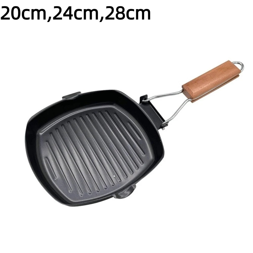 Foldable Cast Iron Frying Pan with Wooden Handle – Hand-Forged Uncoated Camping Skillet – Great for Steaks, Picnics & Outdoor BBQ – Available in 20cm, 24cm & 28cm