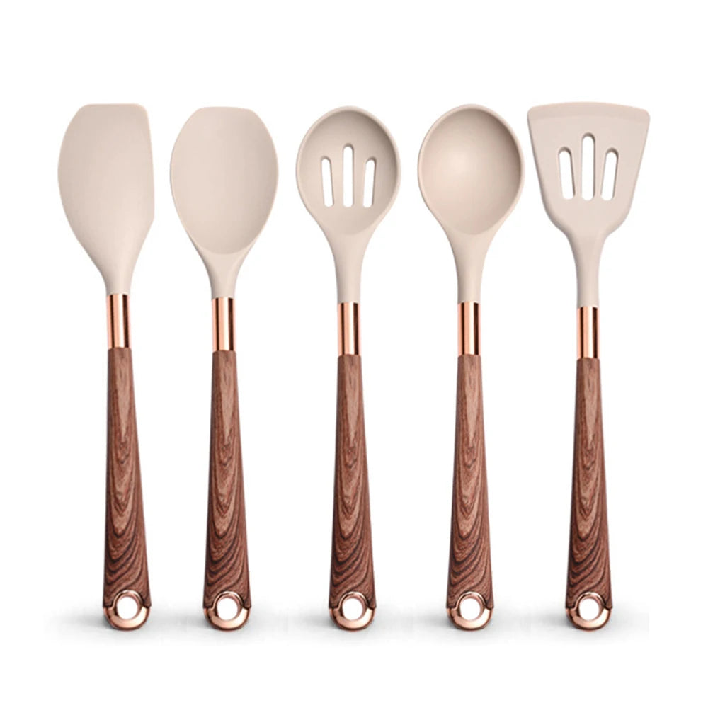 Silicone Cooking Utensils Set with Gold-Plated Handles – Non-Stick Safe, Heat Resistant | Black & Beige | Available in 5, 7, 10 & 12-Piece Sets