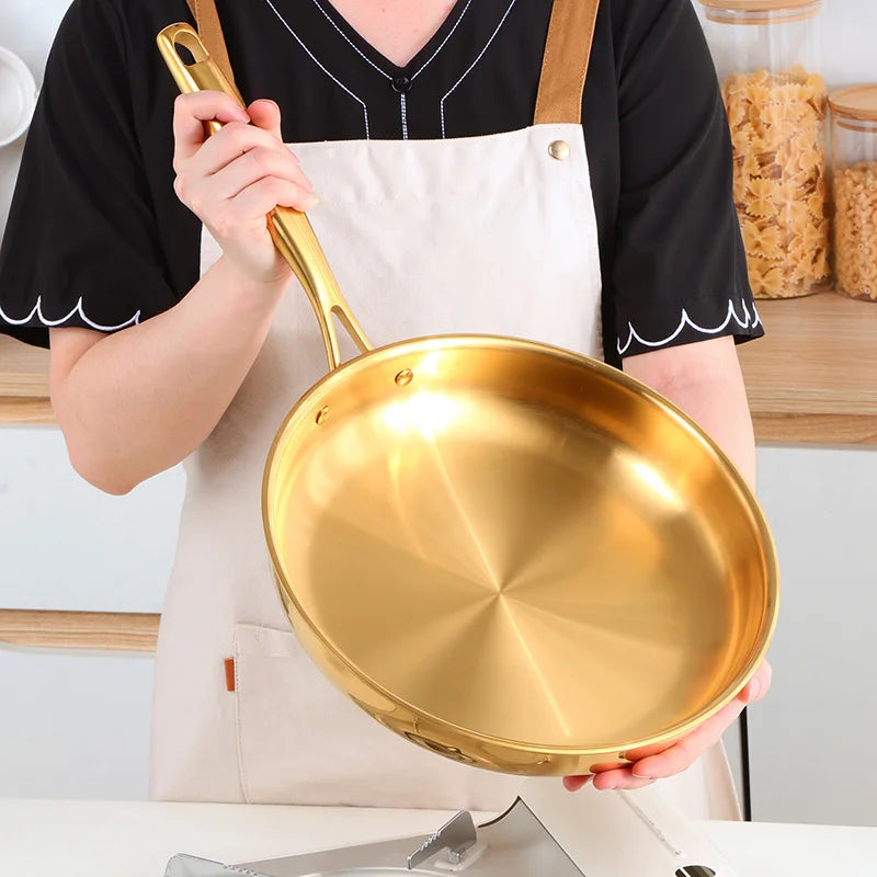 Golden Stainless Steel Frying Pan with Long Handle – Skillet Made from Premium 304 Food-Grade Stainless Steel – Great for Pan-Frying, Searing Steak, Stir-Frying & Daily Meals – Compatible with Induction, Gas &amp; Electric Cooktops (28cm)