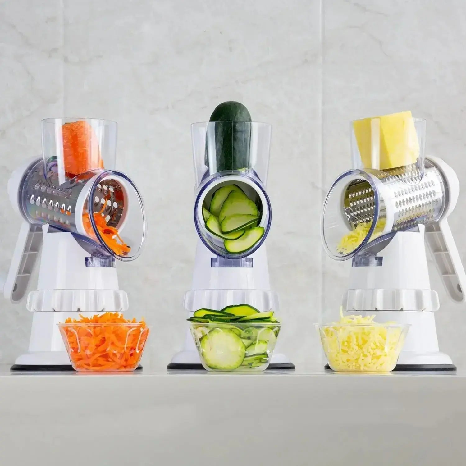 3 in 1 Rotary Cheese Grater – Multifunctional Slicer and Shredder for Effortless Kitchen Prep with Easy-to-Swap Stainless Steel Interchangeable Rotating Drum Blades (White)