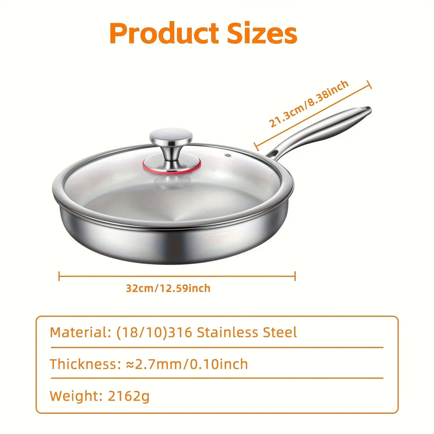 316L Stainless Steel Uncoated Frying Pan