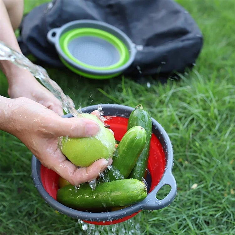Collapsible Silicone Colander with Handle – Folding Strainer for Pasta, Vegetables & Fruit – Ideal for Small Kitchens, Caravans & Camping – Available in Green, Orange, Blue & Red Colours