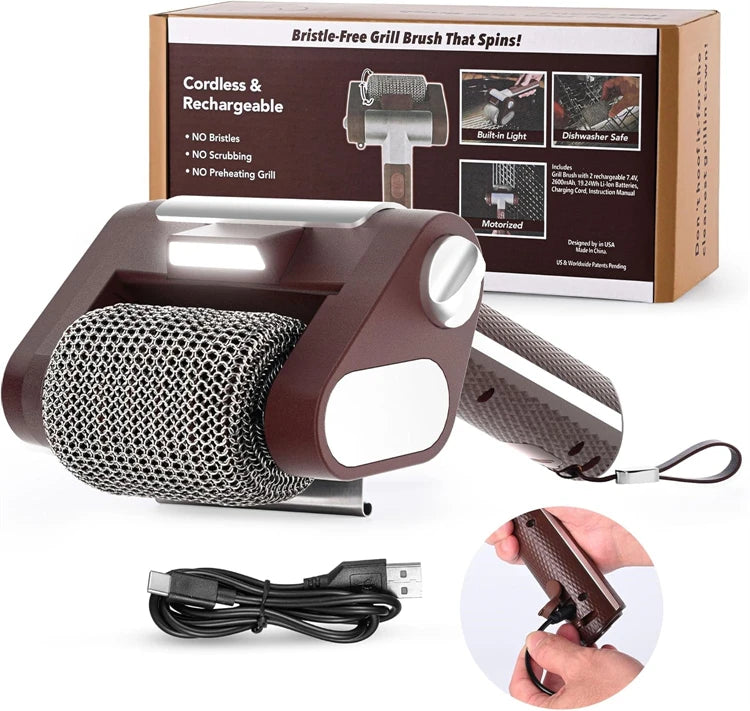 Bristle-Free Spinning Electric Grill Brush – Rechargeable BBQ Cleaner with 350 RPM Stainless Steel Roller – Great for Cleaning Grill Grates