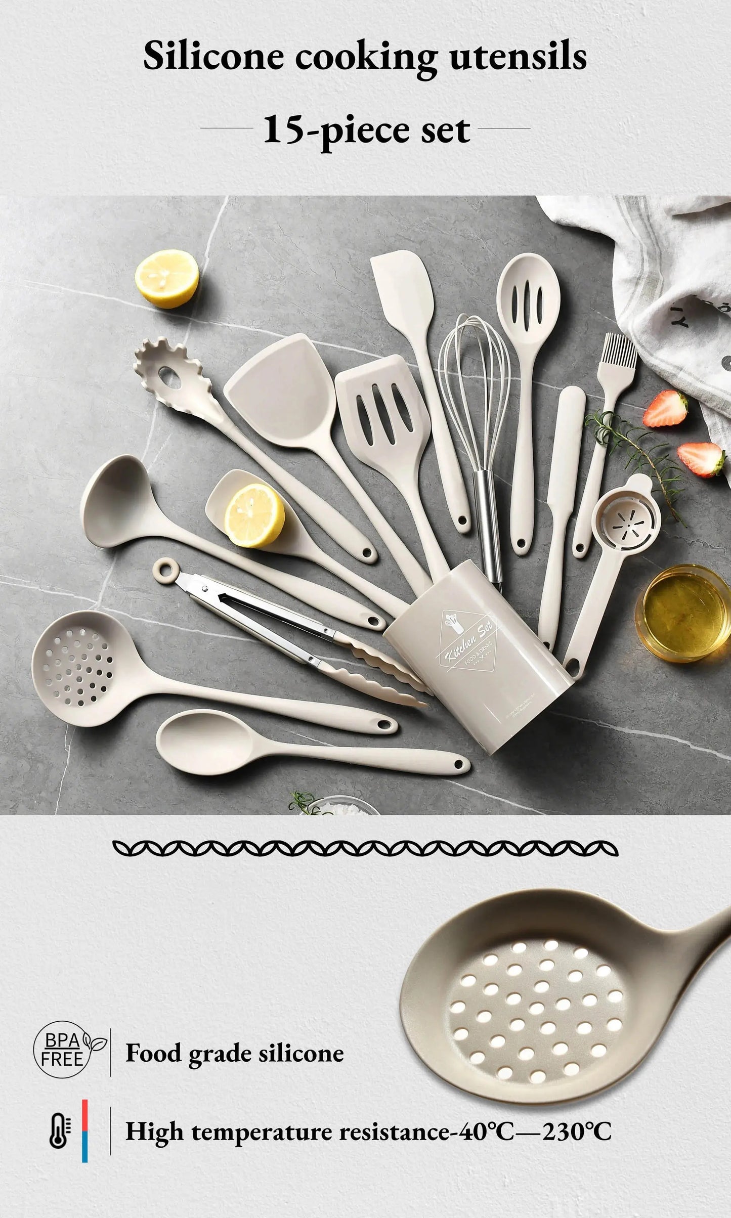 15-Piece Silicone Cooking Utensils Set – Non-Stick, Heat-Resistant Spatulas, Spoons, Turners, Whisk & Brush – Ideal for Daily Cooking – Available in Black, Pink & Khaki C for Chef