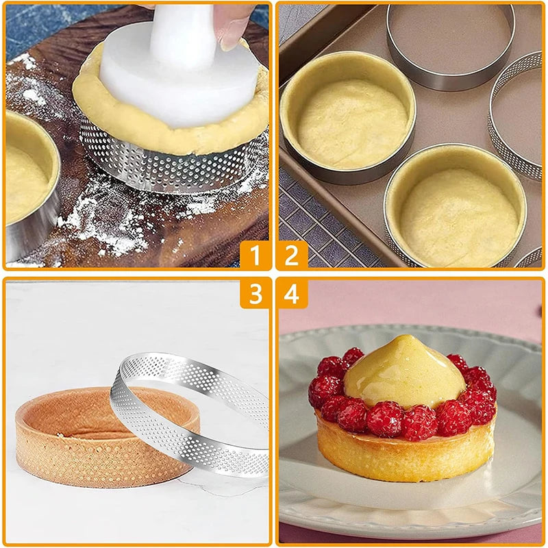 12 Piece Perforated Stainless Steel Tart Rings – Non-Stick Round Cake & Mousse Rings – Ideal for Tarts, Mousse Cakes & Desserts