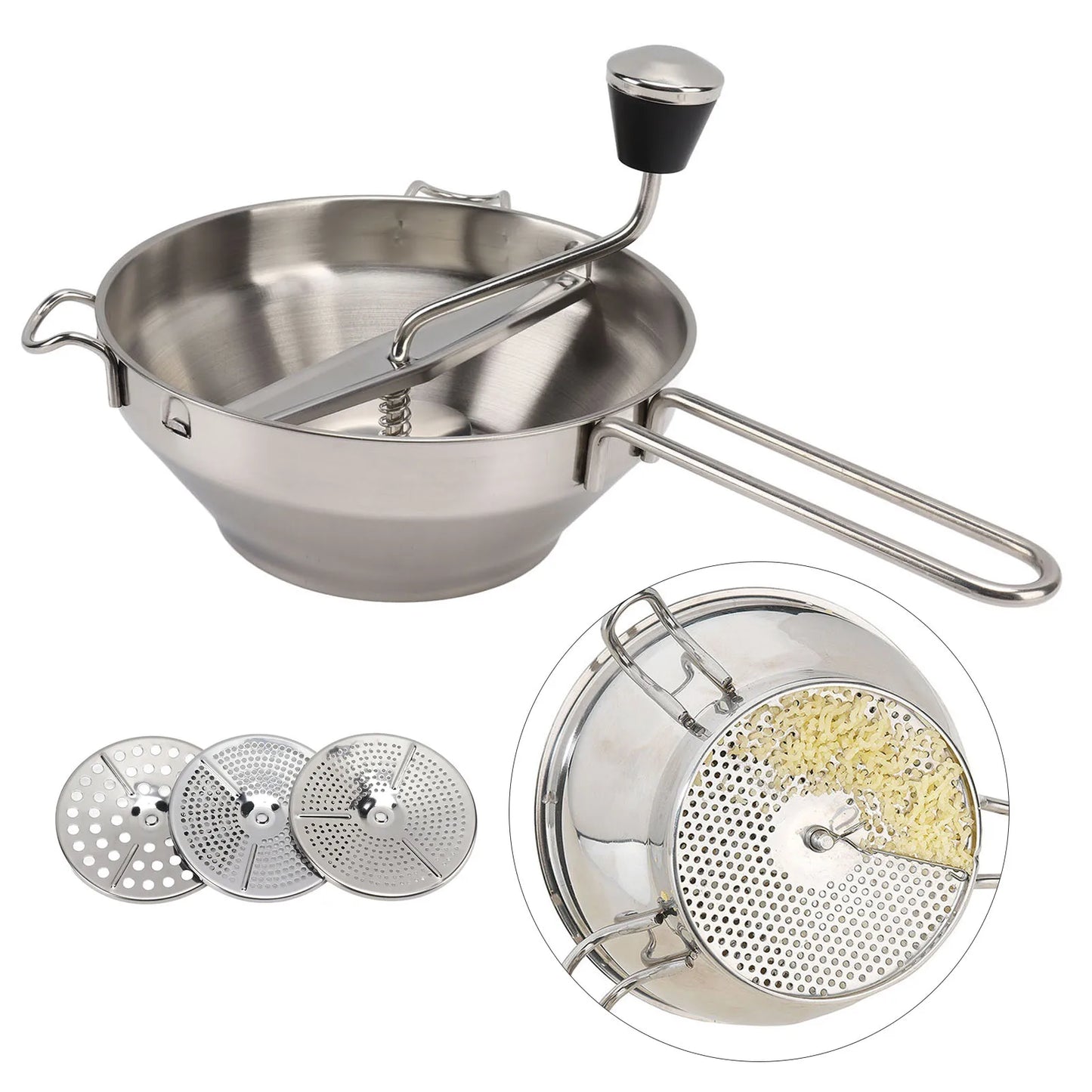 Stainless Steel Food Mill with 3 Interchangeable Discs – Manual Masher & Rotary Sieve/Strainer for Purees, Sauces, Soups, Potatoes, Vegetables, Garlic, Strawberry Jam & Baby Food – Durable & Easy to Use