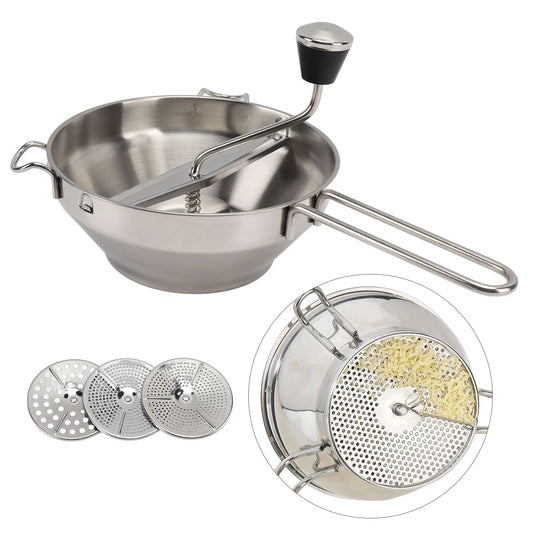 Stainless Steel Food Mill with 3 Interchangeable Discs – Manual Masher & Rotary Sieve/Strainer for Purees, Sauces, Soups, Potatoes, Vegetables, Garlic, Strawberry Jam & Baby Food – Durable & Easy to Use
