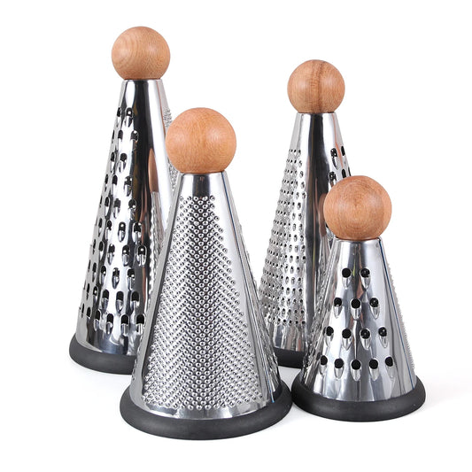 Modern Cone-Shaped Stainless Steel Grater & Zester with Wooden Handle – Conical Design with Non-Slip Rubber Base for Stability & Control – Available in 6-inch, 8-inch, 9-inch & 10-inch Sizes