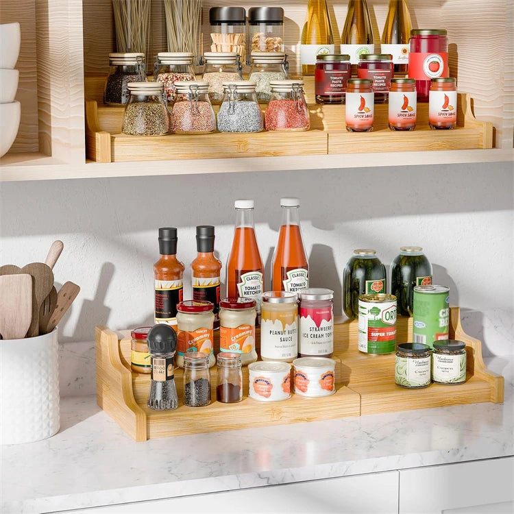 3 Tier Expandable Bamboo Spice Rack – Cabinet Spice Shelf & Seasoning Organiser Stand – Perfect for Kitchen Cupboards & Worktops