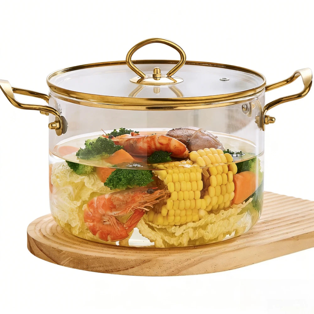 3.5L Transparent Glass Stockpot with Lid – Gold-Toned Stainless Steel Double Handles, Heat-Resistant & See-Through Cooking Pot Ideal for Stews, Soups, Pasta, Milk & More – Safe for Gas & Induction – Available in Gold-Toned or Silver-Toned Handle and Lid