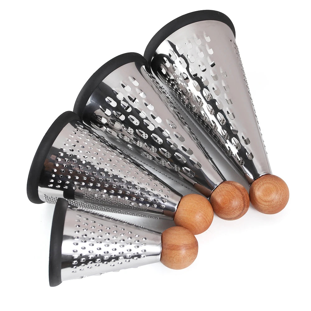 Modern Cone-Shaped Stainless Steel Grater & Zester with Wooden Handle – Conical Design with Non-Slip Rubber Base for Stability & Control – Available in 6-inch, 8-inch, 9-inch & 10-inch Sizes