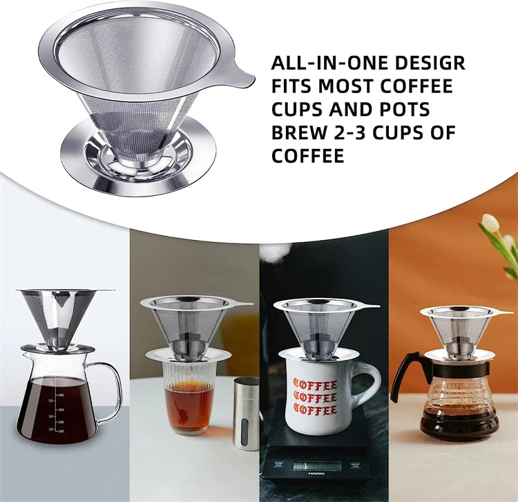 Stainless Steel Reusable Pour Over Coffee Dripper – Paperless Cone Coffee Filter for 1-4 Cups – Great for Fresh Filter Coffee at Home