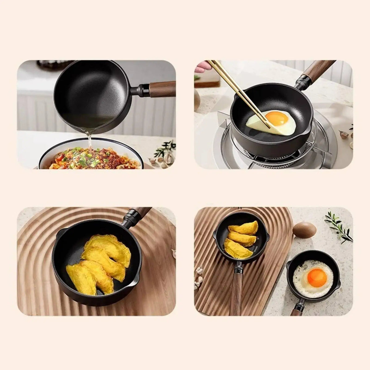Cast Iron Hot Oil Pouring Pan with Walnut Handle – Deep Uncoated Mini Skillet with Double Spout – Best for Sizzling Oil, Butter & Milk – Available in 11cm, 13cm & 15cm