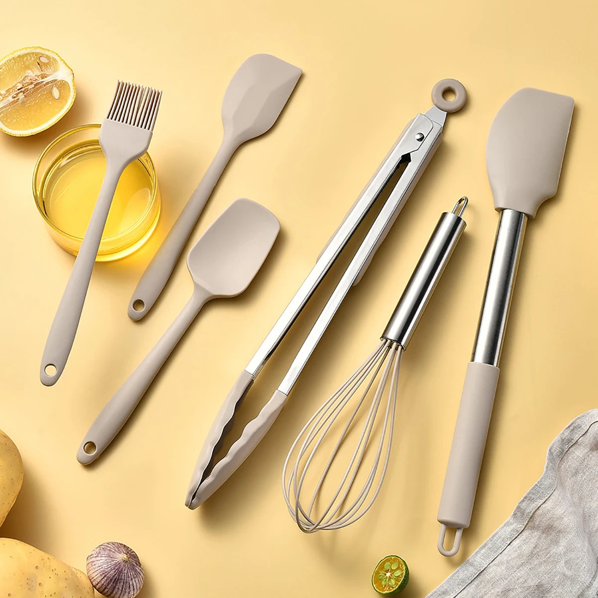 Silicone Kitchen Utensils Set with Stainless Steel Handles – Heat-Resistant & Safe for Non-Stick Cookware – Ideal for Daily Cooking – Available in Multiple Colours & Various Piece Set Options