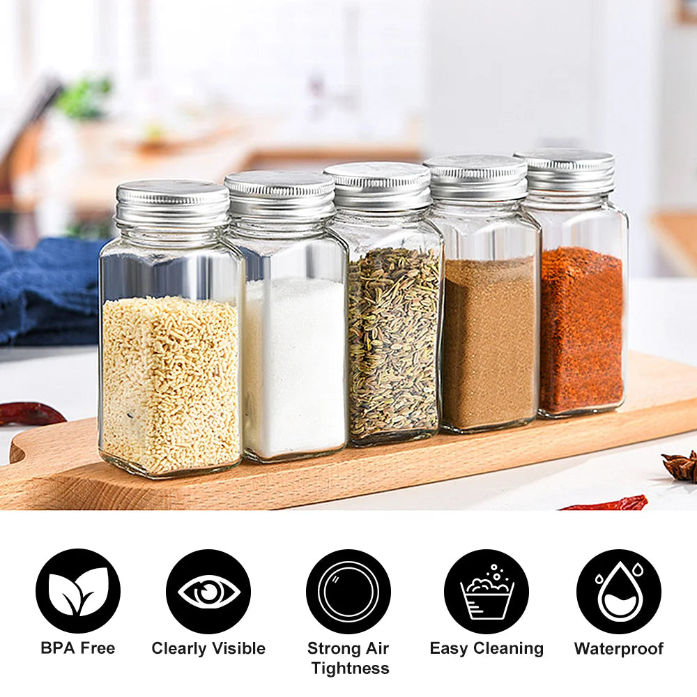 12 Piece Glass Spice Jars with Sealed Lids – 120ml Airtight Seasoning Bottles with Labels, Pour Spout & Brush – Ideal for Spice Drawers & Racks – Available in 12 Piece Set & 12 Piece Set