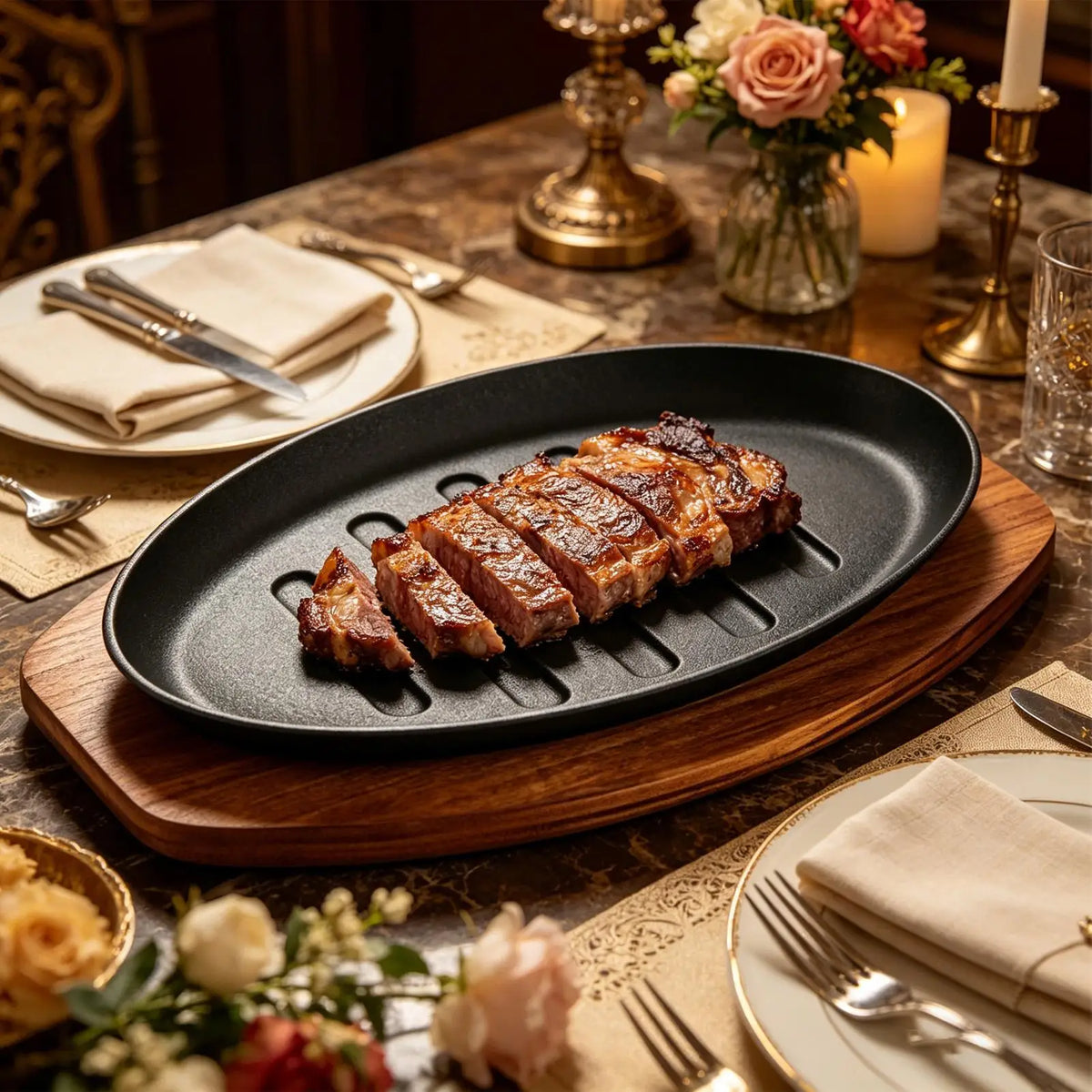 Cast Iron Sizzling Steak Plate with Wooden Base – Oval Sizzler Grill Plate & Serving Platter – Ideal for Steaks, Fajitas & Grilled Fish (10 Inch)