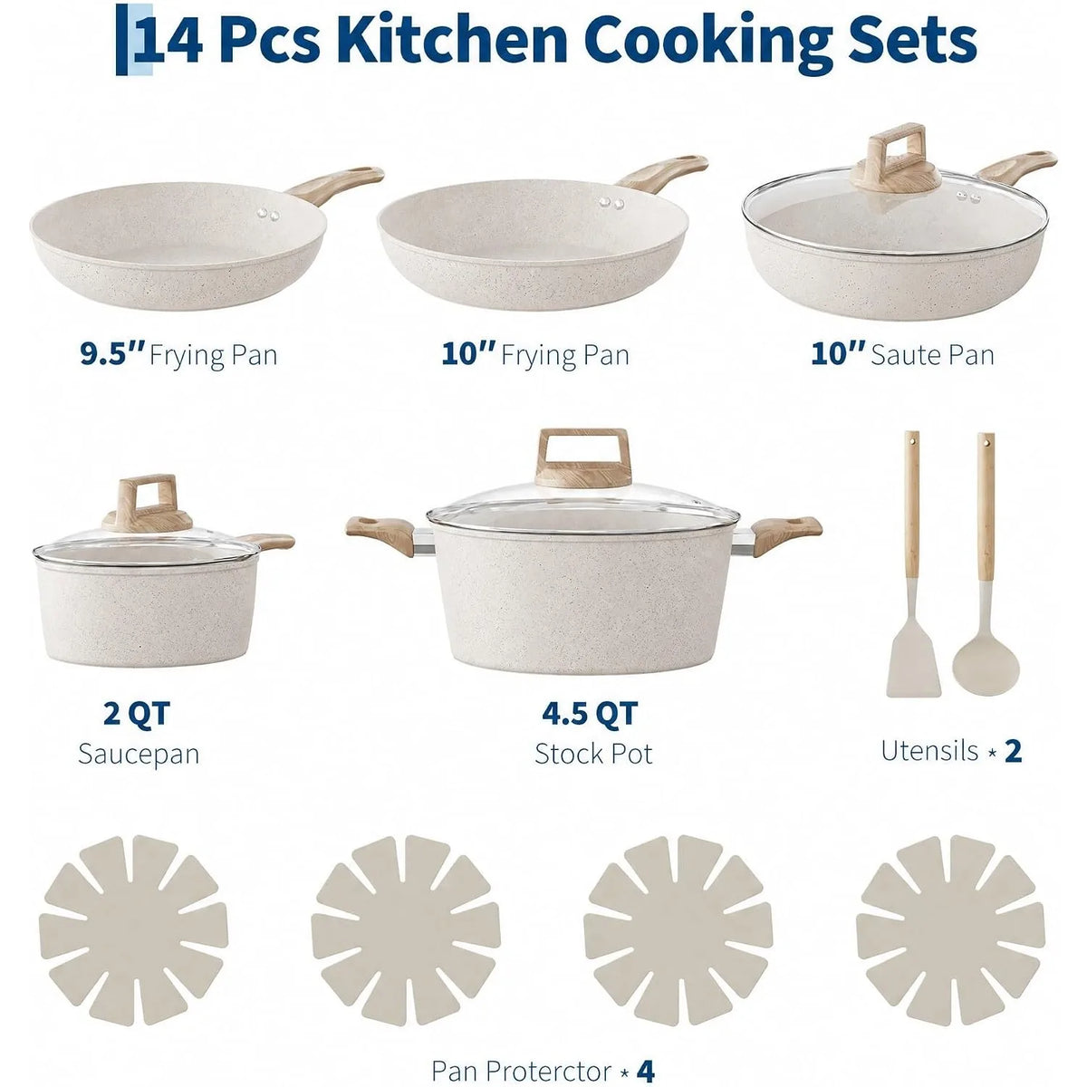 14 Piece Granite Ceramic Pots & Pans Set – PFAS-Free Non-Stick Cookware with Wood-Look Handles, Glass Lids & Pan Protectors – Best for New Homes & Couples – Available in Black & White