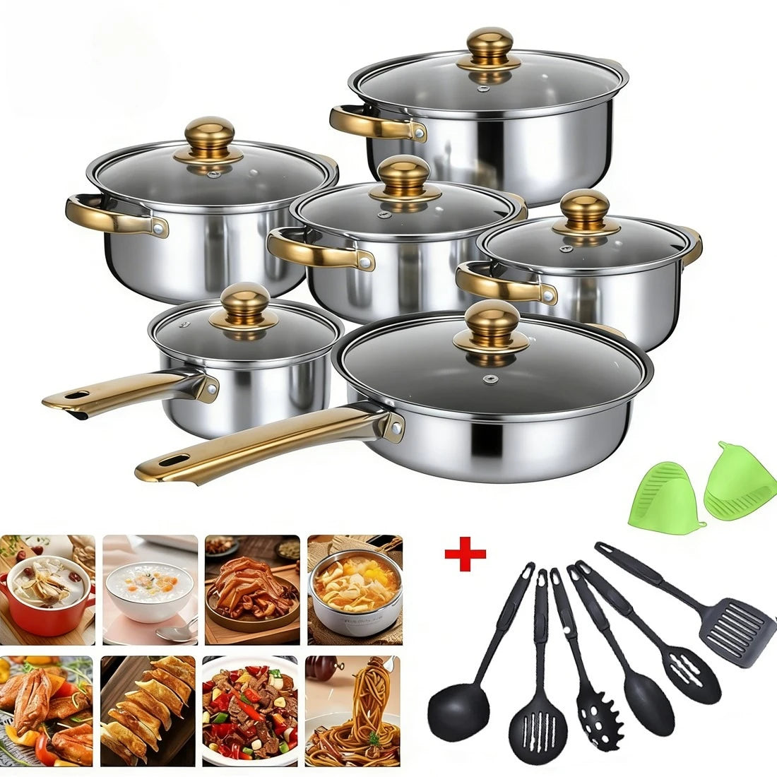 19 Piece Stainless Steel Cookware Set – 6 Pots with Lids, 6 Spatulas & Anti-Scald Clip – Best for Induction, Gas & Everyday Family Cooking