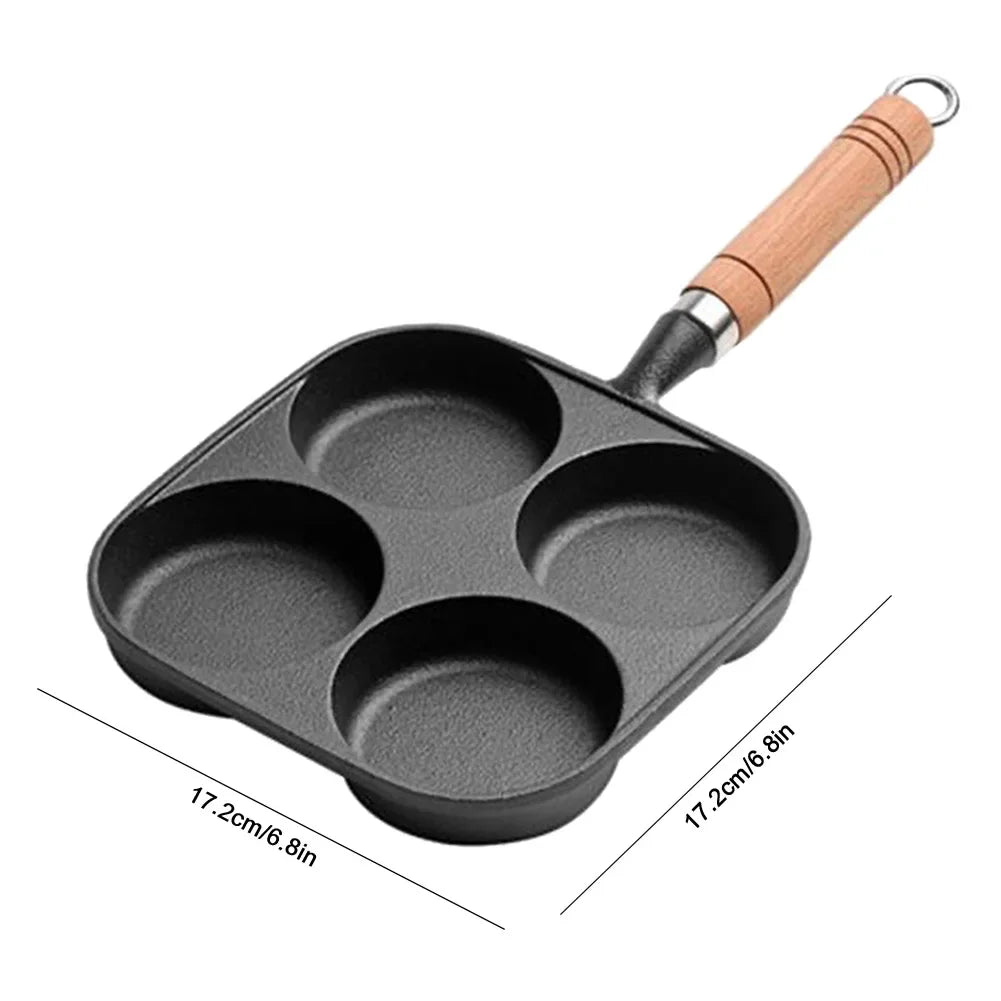 Pre-Seasoned 4-Hole Cast Iron Frying Pan – Non-Stick Breakfast Skillet with Wooden Handle for Eggs, Pancakes, Burgers & More (Gas & Induction Compatible)
