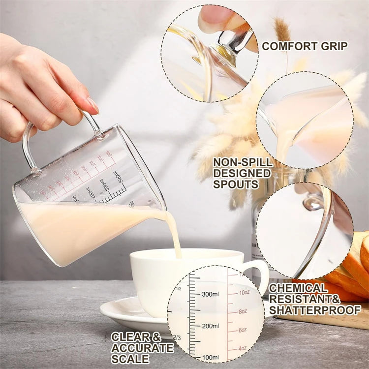 Borosilicate Glass Measuring Jug with Handle & V-Shaped Spout – Clear Scale Measuring Cup – Best for Baking, Liquids & Microwave Use – Available in 400ml, 500ml, 600ml & 1000ml