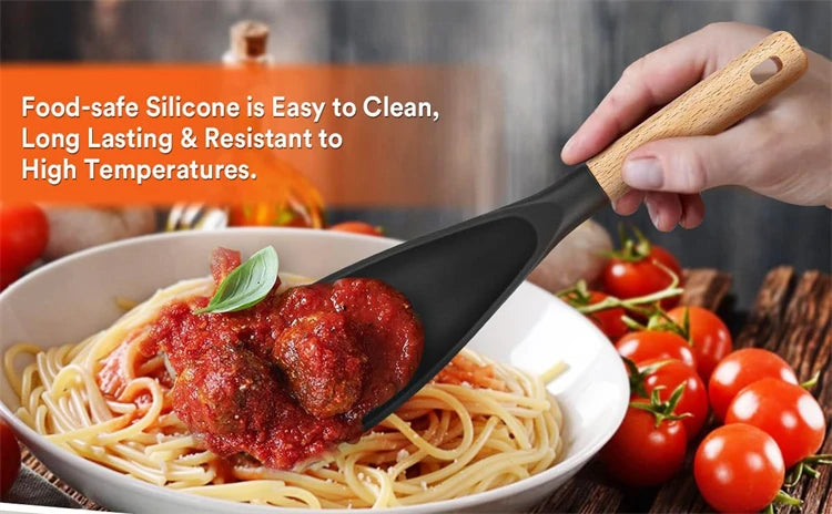 Silicone Cooking Spoon with Wooden Handle – Multi-Function Spatula Spoon for Nonstick Cookware – Great for Mixing, Stirring & Serving