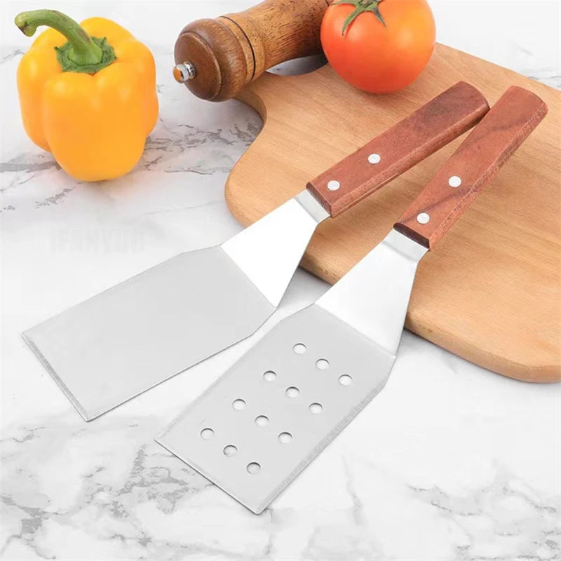 Stainless Steel Griddle Spatula & Grill Scraper with Wooden Handle – Square Head Burger Turner & Pizza Shovel – Perfect for BBQ, Steaks & Pancakes