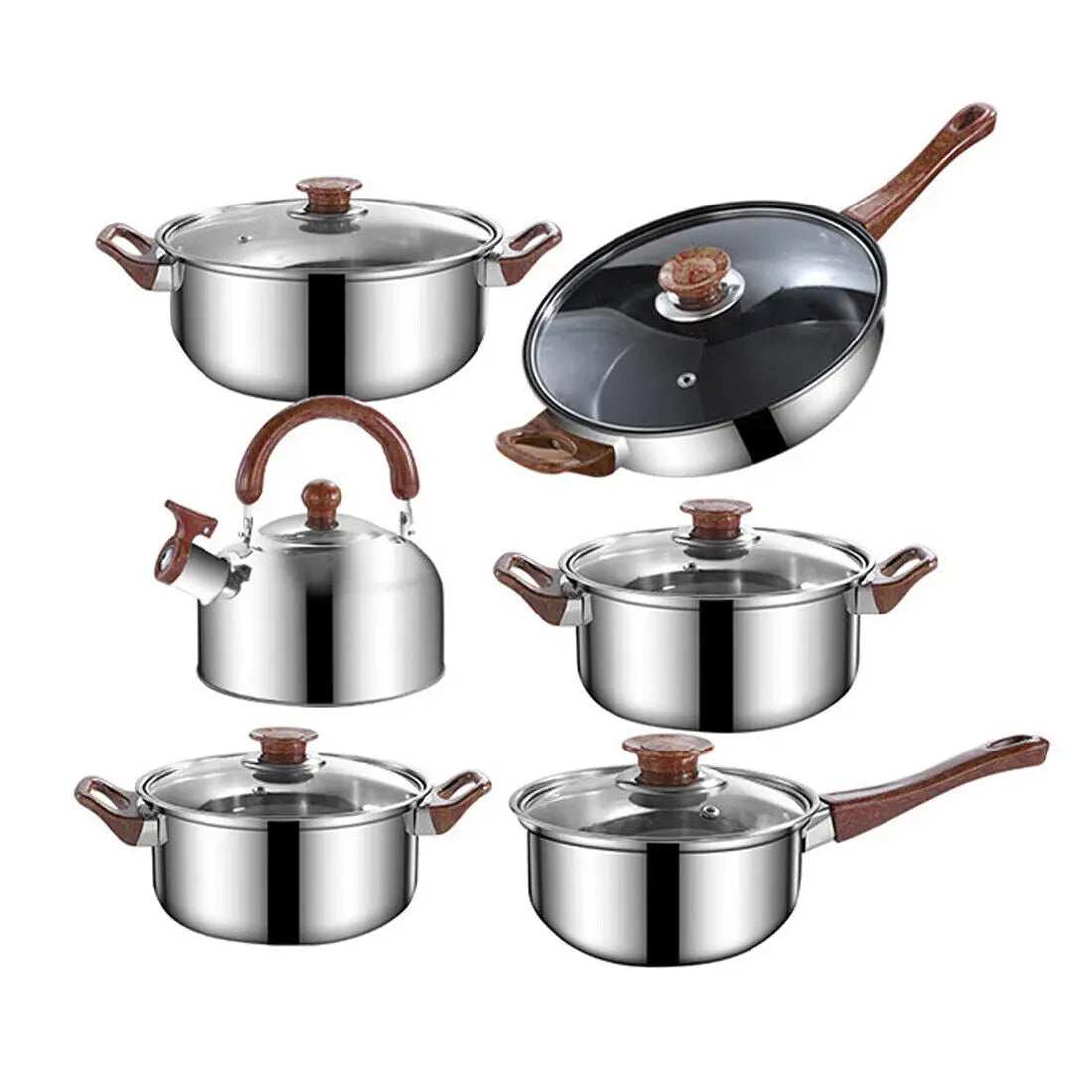 6 Piece Stainless Steel Cookware Set with Glass Lids & Wood-Effect Handles – Uncoated Mirror-Polished Pots & Pans – Best for Induction & Healthy Cooking