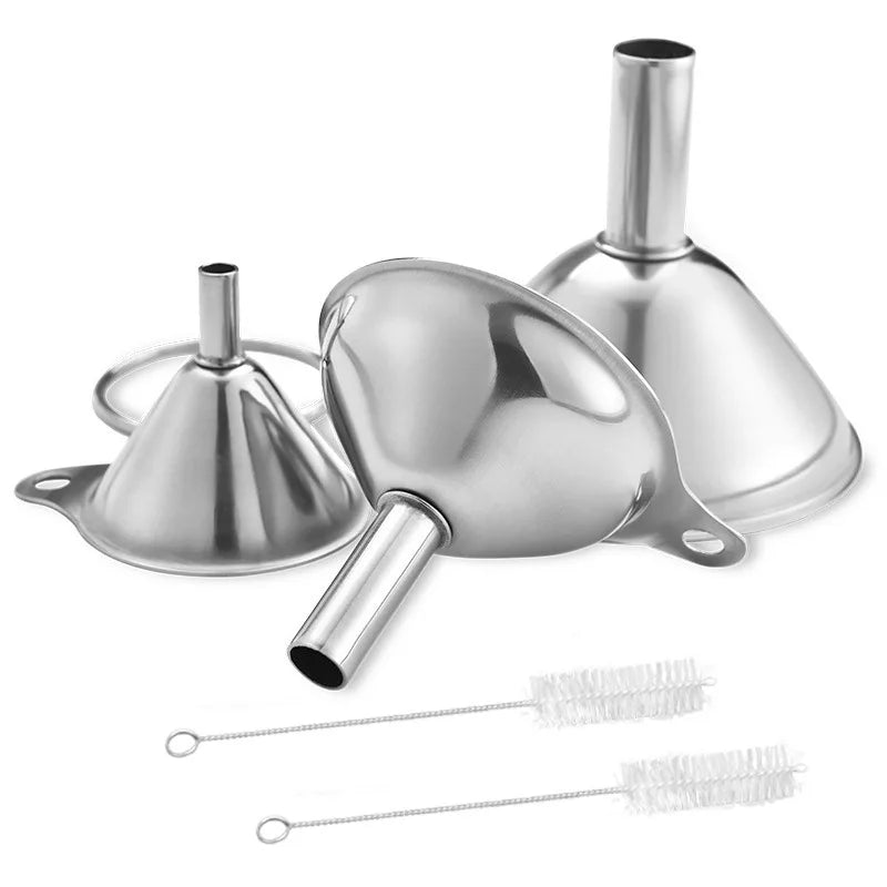 Stainless Steel Kitchen Funnel Set with Cleaning Brush – Food-Grade Funnels for Filling Bottles & Jars – Perfect for Oils, Sauces & Liquids – Available in 3 & 5 Piece Sets