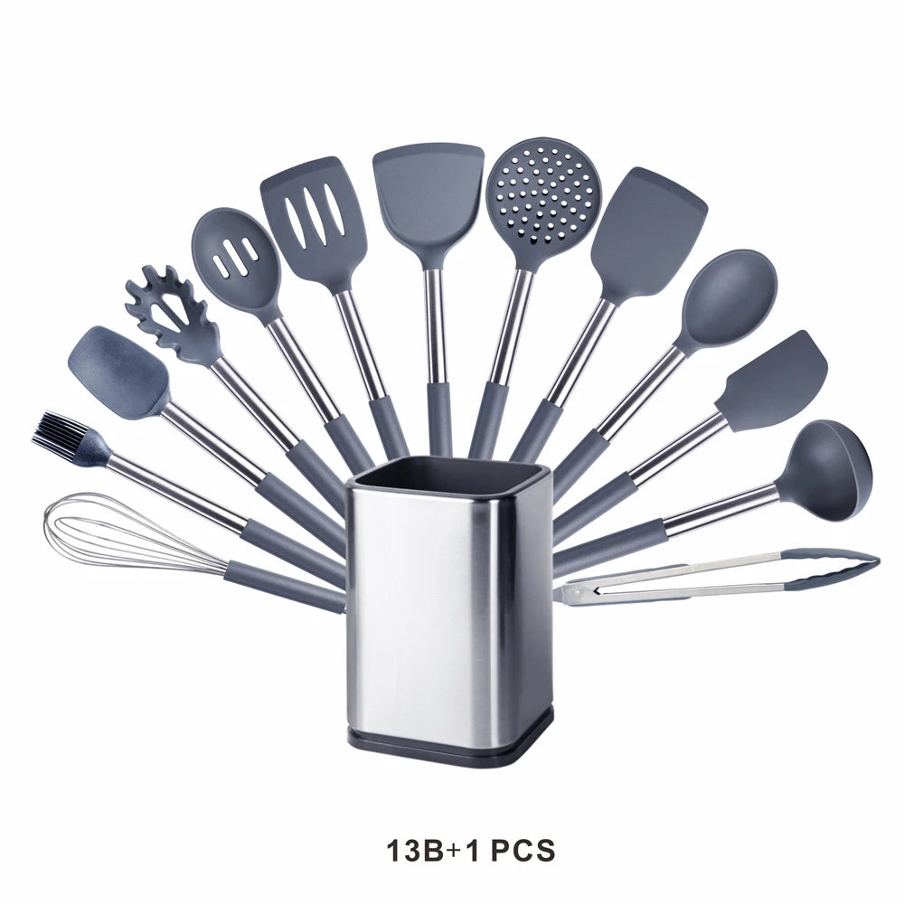 Silicone Kitchen Utensils Set with Stainless Steel Handles – Non-Stick Safe, Heat Resistant | Grey & Black | Available in 5 to 15-Piece Sets