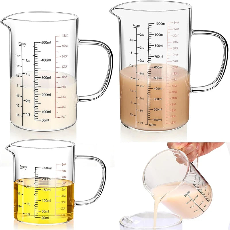 Borosilicate Glass Measuring Jug with Handle & V-Shaped Spout – Clear Scale Measuring Cup – Best for Baking, Liquids & Microwave Use – Available in 400ml, 500ml, 600ml & 1000ml