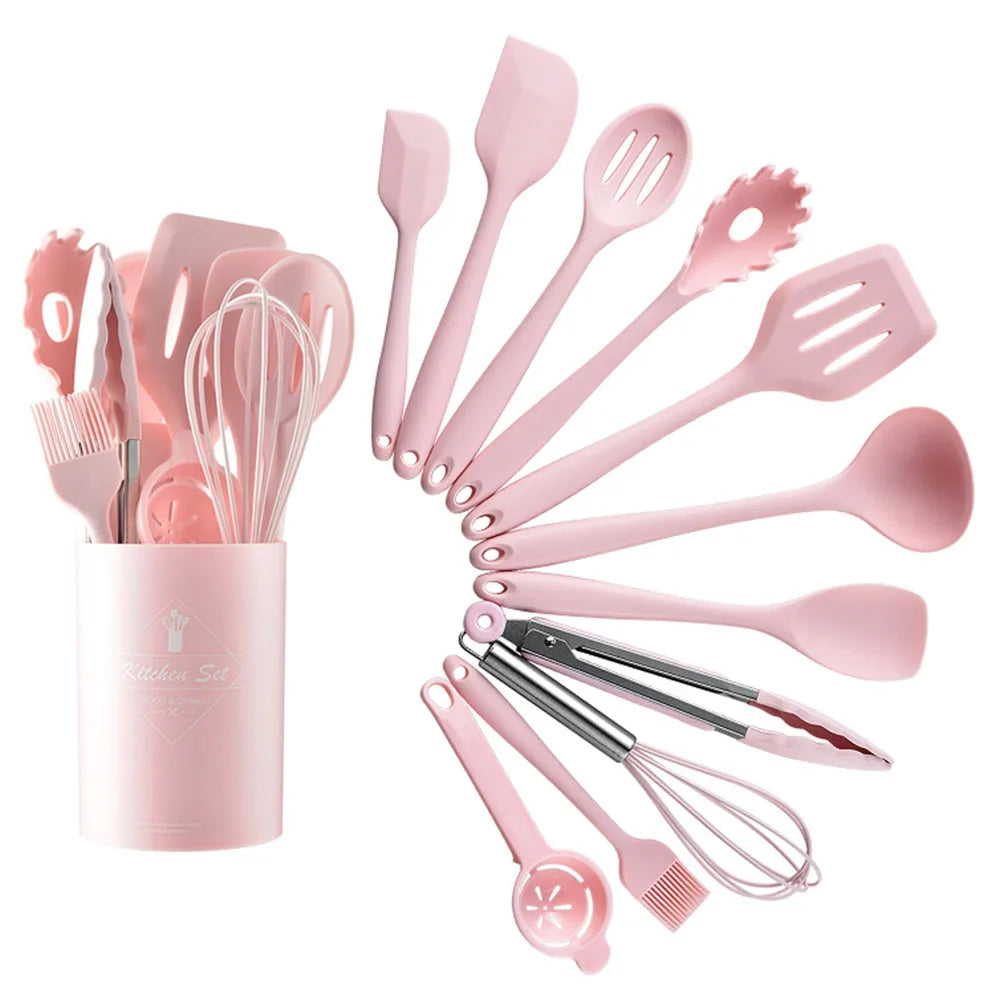 12-Piece Heat-Resistant Silicone  Kitchen Utensils Set with Storage Holder – Available in Black, Green & Pink