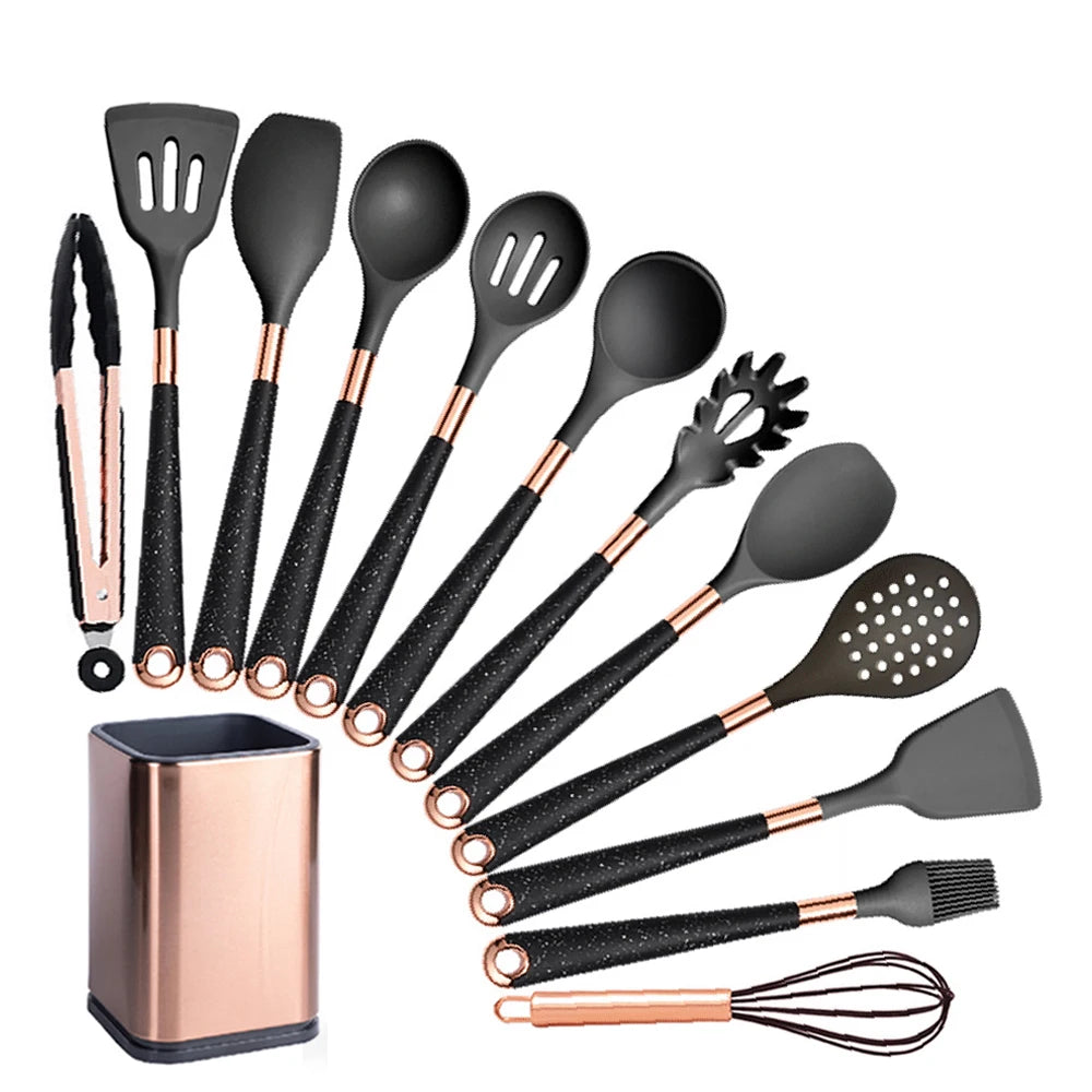 Silicone Cooking Utensils Set with Gold-Plated Handles – Non-Stick Safe, Heat Resistant | Black & Beige | Available in 5, 7, 10 & 12-Piece Sets