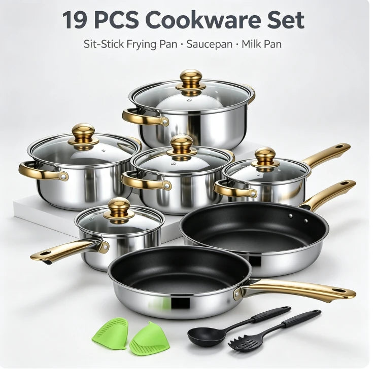 19 Piece Stainless Steel Cookware Set – 6 Pots with Lids, 6 Spatulas & Anti-Scald Clip – Best for Induction, Gas & Everyday Family Cooking
