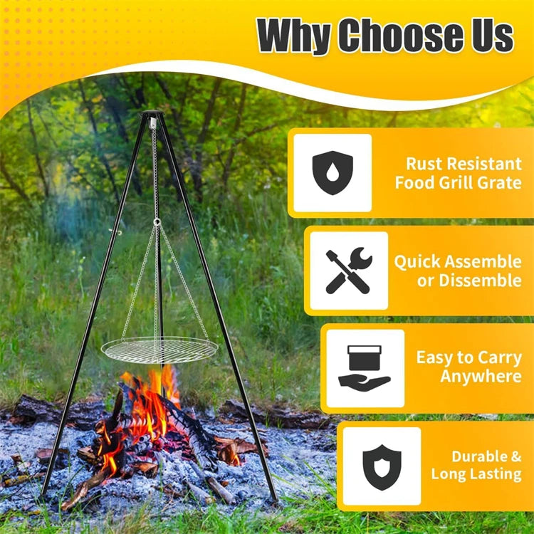Campfire Tripod Grill with Barbecue Basin – Steel Camping Firepit Cooking Rack & Lantern Hanger – Best for Outdoor Cooking & Camping