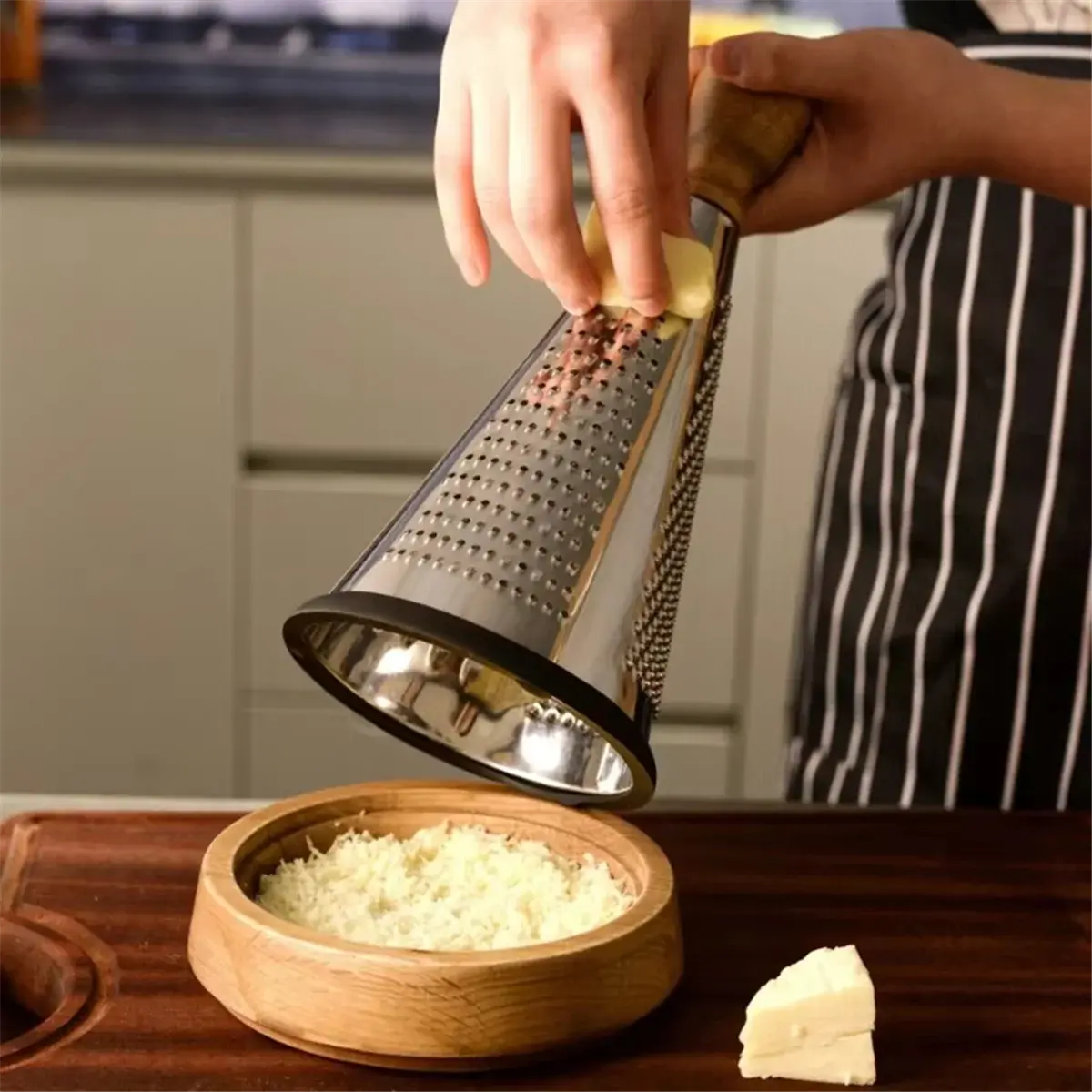 Multi-functional Stainless Steel Cone-Shaped Cheese Grater with Wood Base Container and Wooden Handle – Perfect for Parmesan Cheese, Vegetables, and Fruits in a Vintage Style