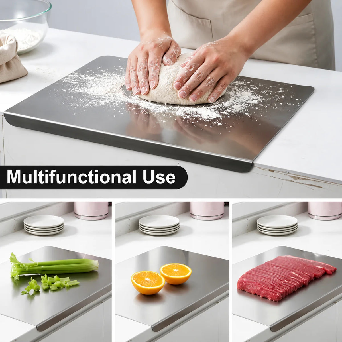 304 Stainless Steel Chopping Board with L-Shaped Edge & Silicone Mat – Thickened Double-Sided Cutting Board – Perfect for Meat, Vegetables & Kneading Dough