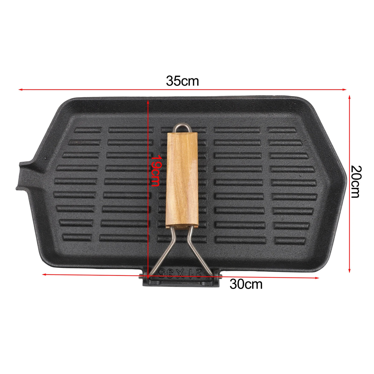 Square Cast Iron Grill Pan with Foldable Wooden Handle – Non-Stick Ridged Griddle Skillet for Indoor & Outdoor Grilling – Ideal for Steaks, Fajitas & Vegetables (21 x 35cm)