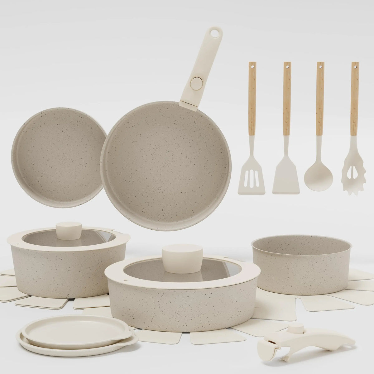 19 Piece Ceramic Non-Stick Cookware Set with Detachable Handles – Stackable Induction Pots & Pans – Ideal for Small Kitchens, Caravans & Campervans – Available in White & Black Colours